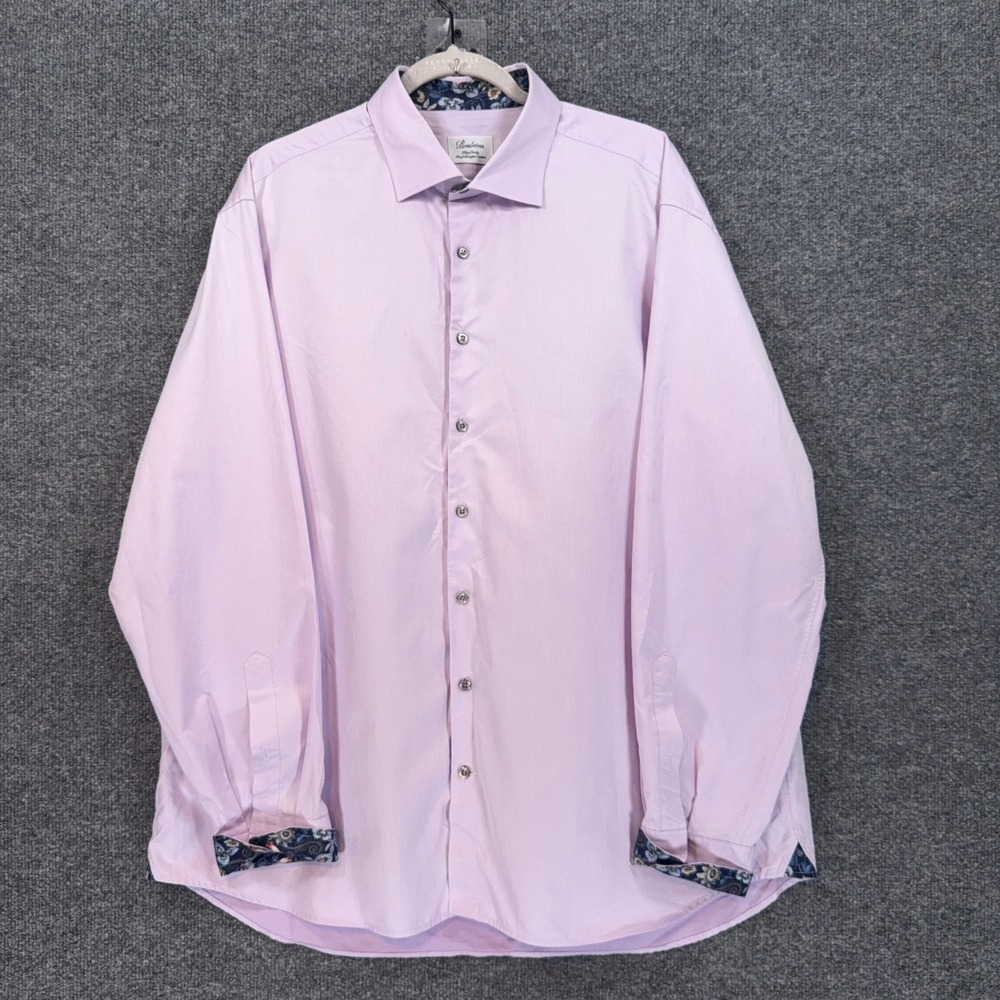 Stenstroms Dress Shirt Men 17.75 Pink Floral Trim Twill Fitted Cotton Button Up